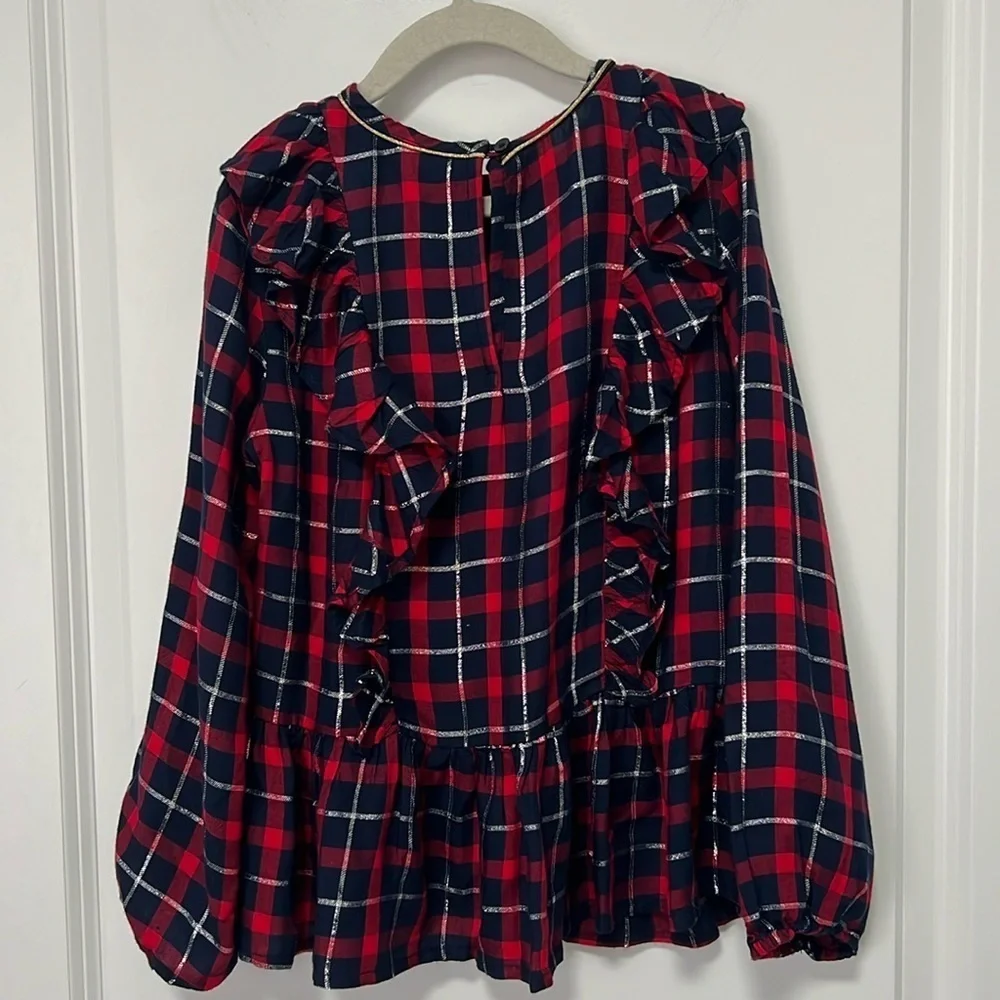 OSHKOSH kids/girls plaid long Sleeve blouse with ruffles on the front size 8